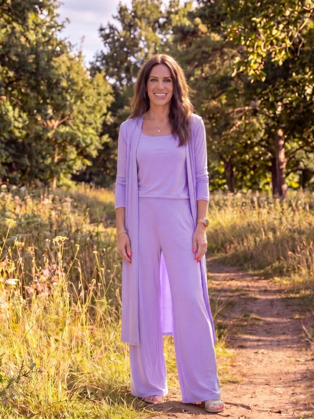 SexyModest Women's Lavender Wide-Leg Pants, Tank & Duster Set